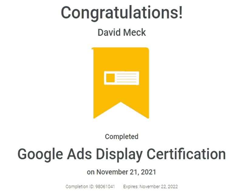 Google Ads Display Advertising Certification David Meck