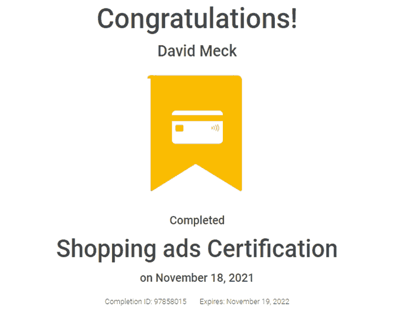 Google Ads Shopping Certification David Meck